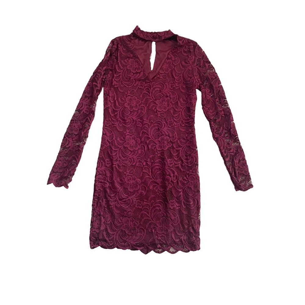 Ambiance Floral Lace Mini Dress Lace Collar V-neck Size Small Burgundy
